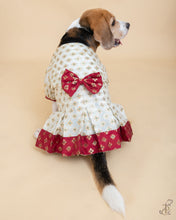 Load image into Gallery viewer, White &amp; Red Box Pleated Dress With Puffed Sleeve &amp; Bow