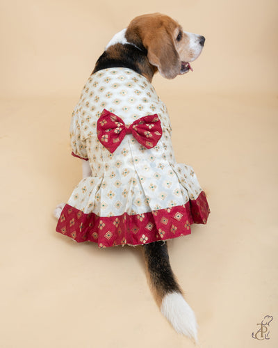 White & Red Box Pleated Dress With Puffed Sleeve & Bow