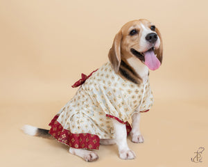 White & Red Box Pleated Dress With Puffed Sleeve & Bow