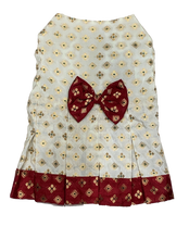 Load image into Gallery viewer, White &amp; Red Box Pleated Dress With Puffed Sleeve &amp; Bow