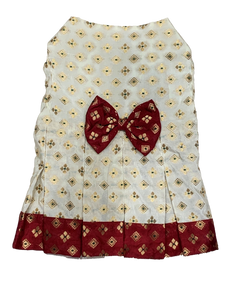 White & Red Box Pleated Dress With Puffed Sleeve & Bow